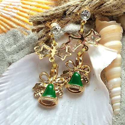 Green & Gold Festive Bell Earrings, Elegant Yuletide Dangle, Accessory for Holiday Parties