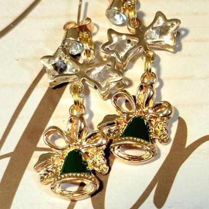 Green & Gold Festive Bell Earrings, Elegant Yuletide Dangle, Accessory for Holiday Parties