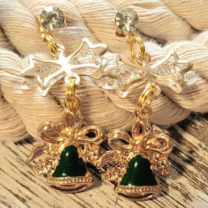 Green & Gold Festive Bell Earrings, Elegant Yuletide Dangle, Accessory for Holiday Parties