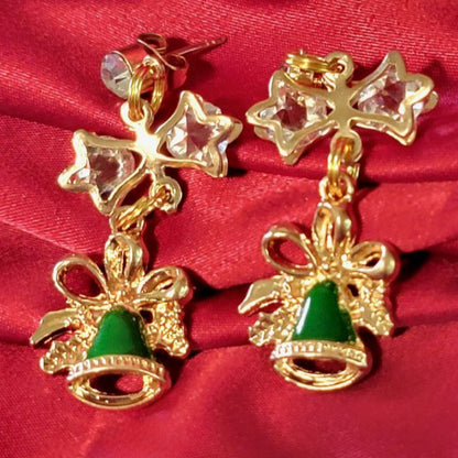 Green & Gold Festive Bell Earrings, Elegant Yuletide Dangle, Accessory for Holiday Parties