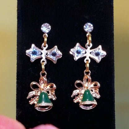 Green & Gold Festive Bell Earrings, Elegant Yuletide Dangle, Accessory for Holiday Parties