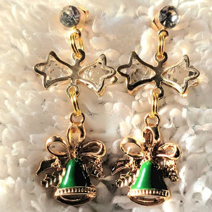 Green & Gold Festive Bell Earrings, Elegant Yuletide Dangle, Accessory for Holiday Parties