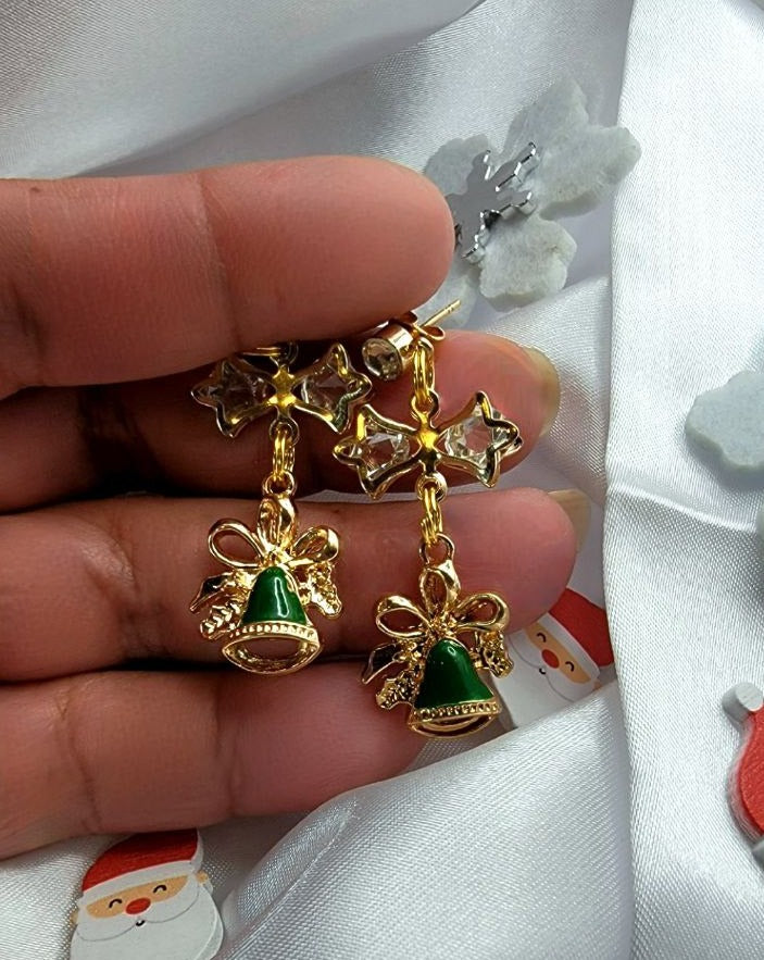 Green & Gold Festive Bell Earrings, Elegant Yuletide Dangle, Accessory for Holiday Parties