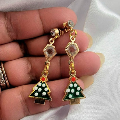 Green & White Polka Dot Christmas Tree Earrings, Playful Holiday Dangle