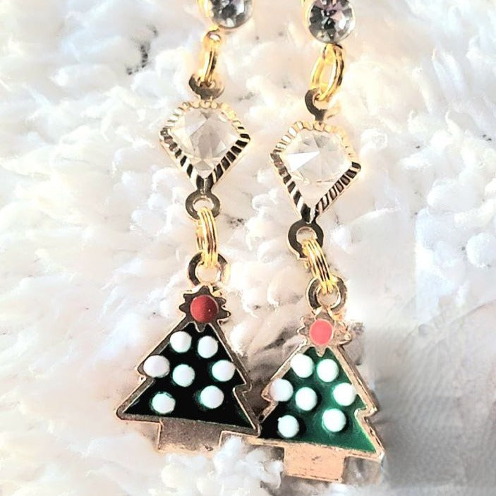 Green & White Polka Dot Christmas Tree Earrings, Playful Holiday Dangle