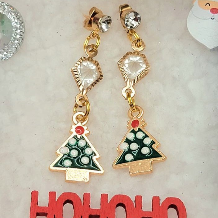 Green & White Polka Dot Christmas Tree Earrings, Playful Holiday Dangle