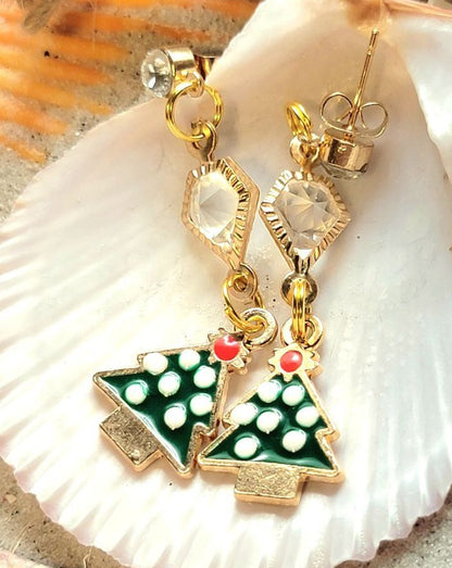 Green & White Polka Dot Christmas Tree Earrings, Playful Holiday Dangle