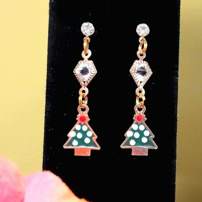 Green & White Polka Dot Christmas Tree Earrings, Playful Holiday Dangle