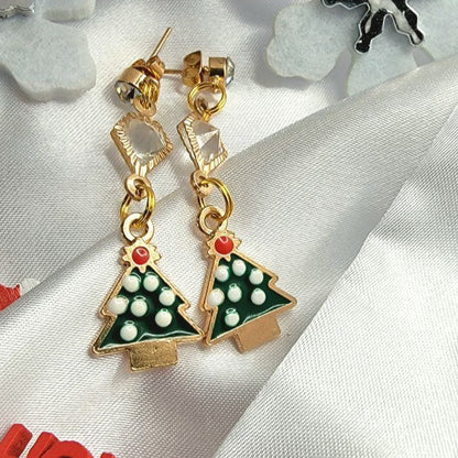 Green & White Polka Dot Christmas Tree Earrings, Playful Holiday Dangle