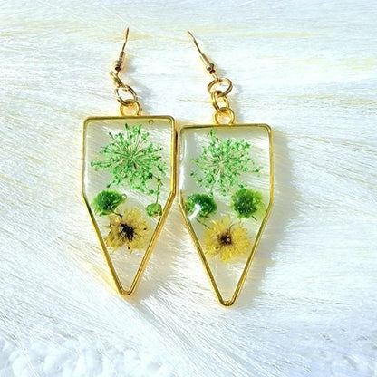 Green & Yellow Flower Earrings, Vibrant Naturally Pressed Bloom Dangles, Nature's Timeless Charm