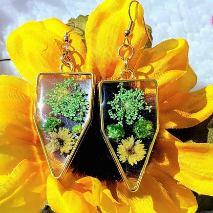 Green & Yellow Flower Earrings, Vibrant Naturally Pressed Bloom Dangles, Nature's Timeless Charm