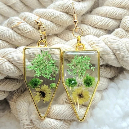 Green & Yellow Flower Earrings, Vibrant Naturally Pressed Bloom Dangles, Nature's Timeless Charm