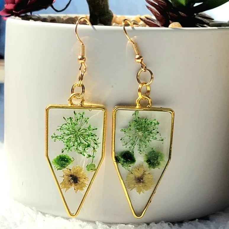 Green & Yellow Flower Earrings, Vibrant Naturally Pressed Bloom Dangles, Nature's Timeless Charm