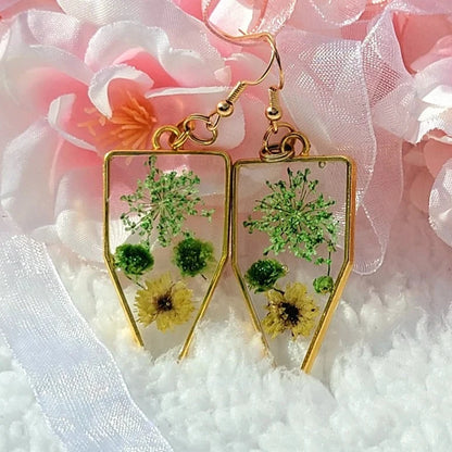 Green & Yellow Flower Earrings, Vibrant Naturally Pressed Bloom Dangles, Nature's Timeless Charm