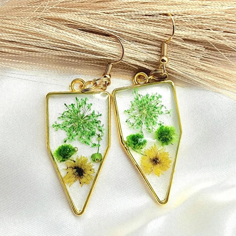 Green & Yellow Flower Earrings, Vibrant Naturally Pressed Bloom Dangles, Nature's Timeless Charm