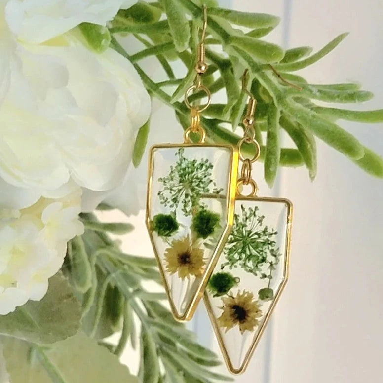 Green & Yellow Flower Earrings, Vibrant Naturally Pressed Bloom Dangles, Nature's Timeless Charm