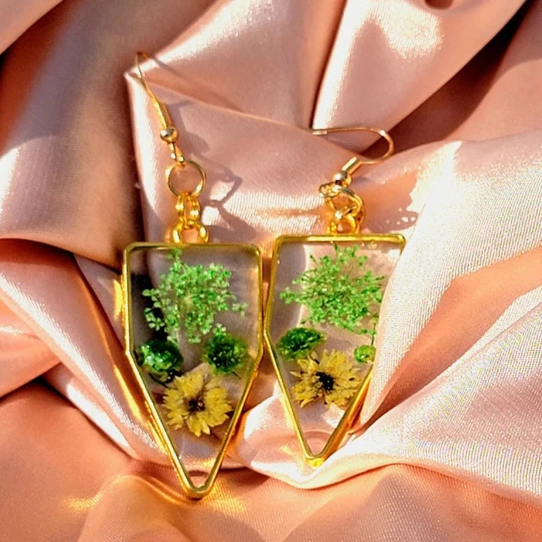 Green & Yellow Flower Earrings, Vibrant Naturally Pressed Bloom Dangles, Nature's Timeless Charm