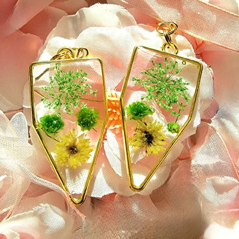 Green & Yellow Flower Earrings, Vibrant Naturally Pressed Bloom Dangles, Nature's Timeless Charm