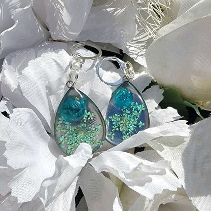 Greenish Blue Carnation Bud Earrings, Baby's Breath Flower Teardrop Dangle, Handmade Dried Pressed Flower Pendants