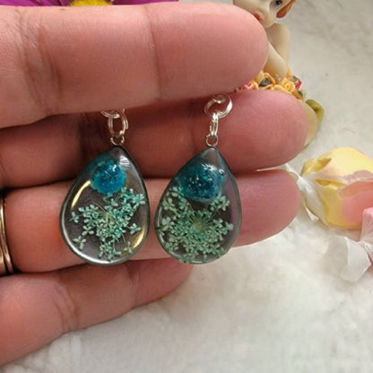 Greenish Blue Carnation Bud Earrings, Baby's Breath Flower Teardrop Dangle, Handmade Dried Pressed Flower Pendants