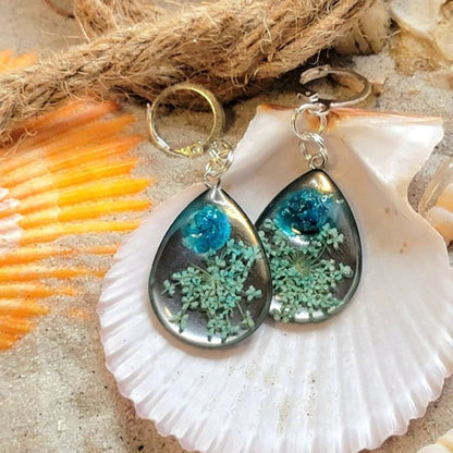 Greenish Blue Carnation Bud Earrings, Baby's Breath Flower Teardrop Dangle, Handmade Dried Pressed Flower Pendants