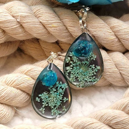 Greenish Blue Carnation Bud Earrings, Baby's Breath Flower Teardrop Dangle, Handmade Dried Pressed Flower Pendants