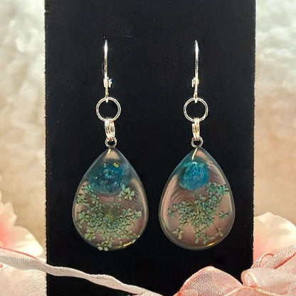 Greenish Blue Carnation Bud Earrings, Baby's Breath Flower Teardrop Dangle, Handmade Dried Pressed Flower Pendants