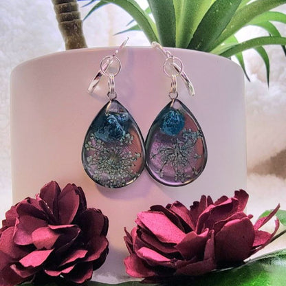 Greenish Blue Carnation Bud Earrings, Baby's Breath Flower Teardrop Dangle, Handmade Dried Pressed Flower Pendants