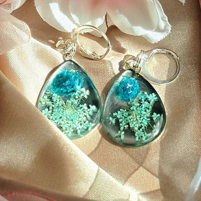 Greenish Blue Carnation Bud Earrings, Baby's Breath Flower Teardrop Dangle, Handmade Dried Pressed Flower Pendants