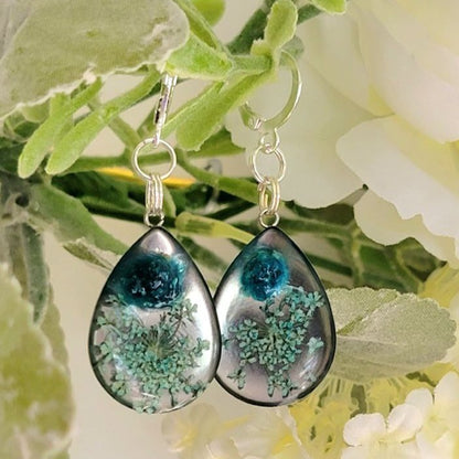 Greenish Blue Carnation Bud Earrings, Baby's Breath Flower Teardrop Dangle, Handmade Dried Pressed Flower Pendants