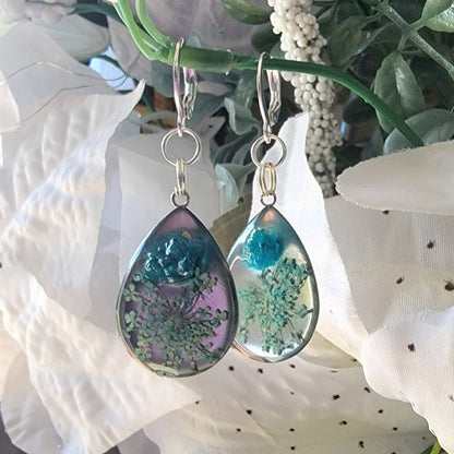 Greenish Blue Carnation Bud Earrings, Baby's Breath Flower Teardrop Dangle, Handmade Dried Pressed Flower Pendants