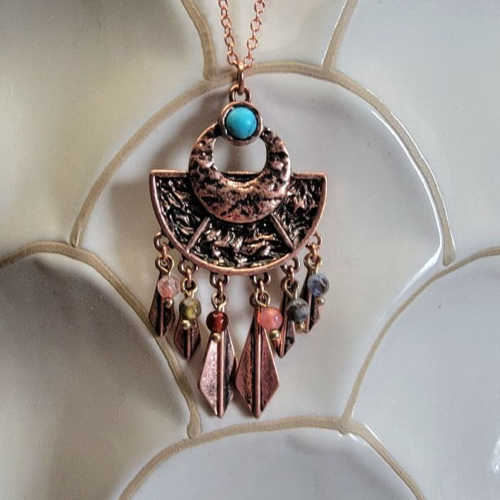 Mayan-inspired Rose Gold Tribal Necklace, Half Circle Pendant, Elegant Ethnic Necklace, Ancient Inspired Design, Handmade Cultural Jewelry