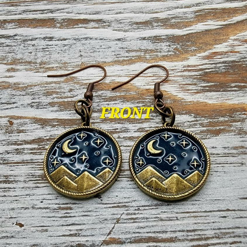 Crescent Moon Stars Dangle Earring, Mountain Ridge Pendants, Stargazer Gift