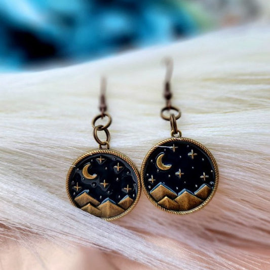 Crescent Moon Stars Dangle Earring, Mountain Ridge Pendants, Stargazer Gift