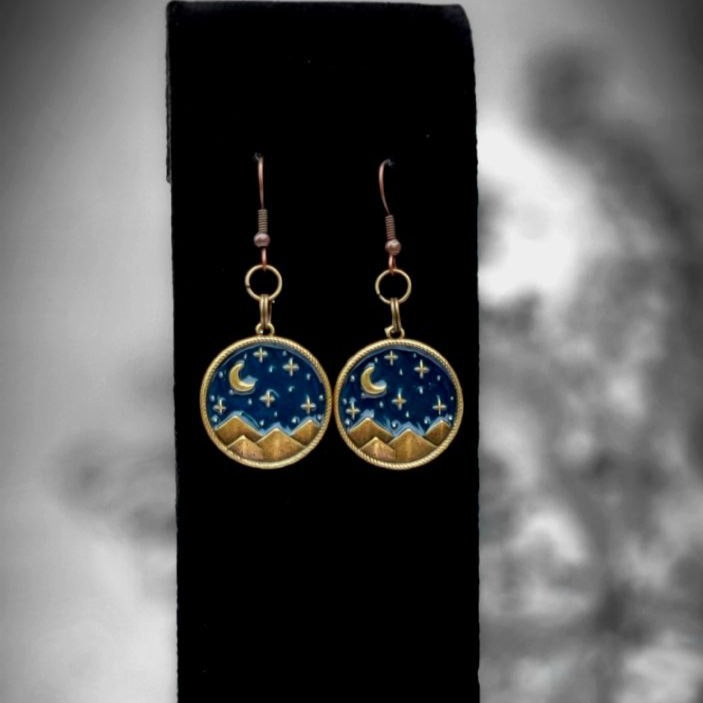 Crescent Moon Stars Dangle Earring, Mountain Ridge Pendants, Stargazer Gift