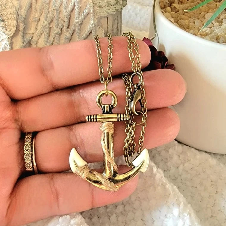 Vintage Style Maritime Necklace, Burnished Gold Anchor Sailor Pendant, Men's Nautical Theme Jewelry, Navy Wife Necklace, Adventure-Inspired