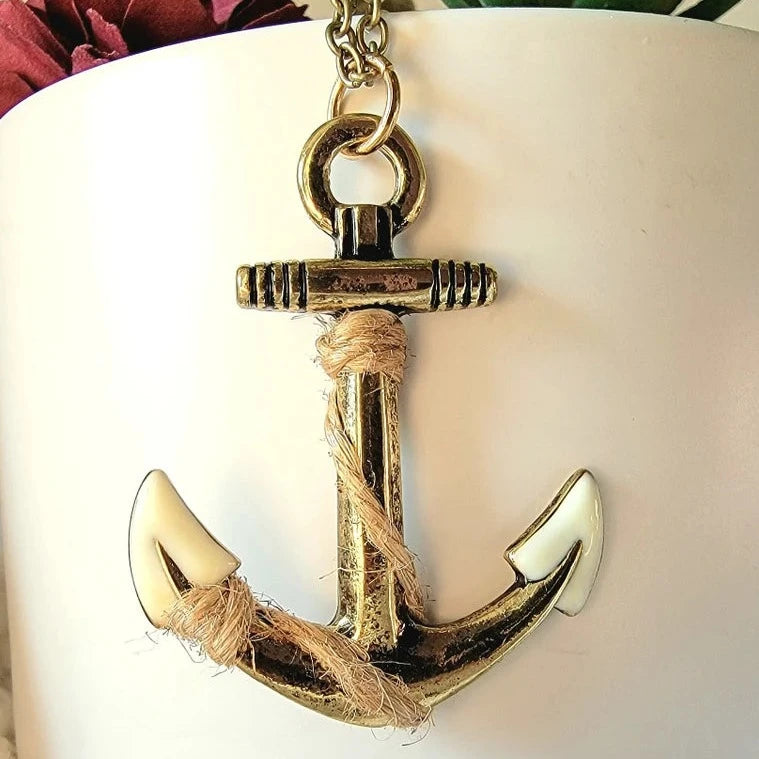 Vintage Style Maritime Necklace, Burnished Gold Anchor Sailor Pendant, Men's Nautical Theme Jewelry, Navy Wife Necklace, Adventure-Inspired