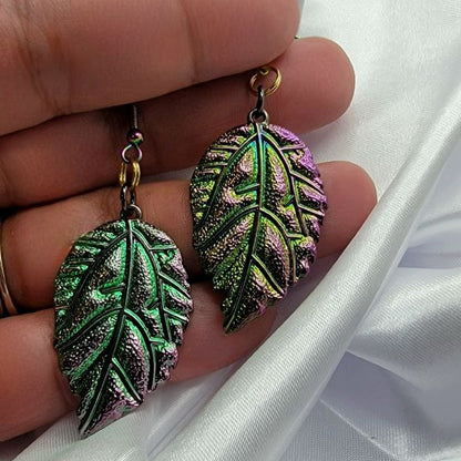 Iridescent Leaves Earring, Women's Rainbow Colored Dangle, Shiny Christmas Pendant, Glamorous Style Charms