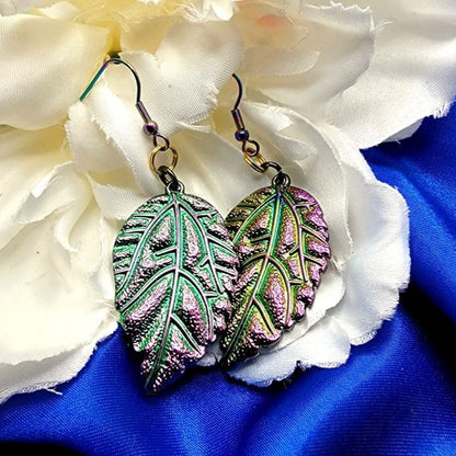 Iridescent Leaves Earring, Women's Rainbow Colored Dangle, Shiny Christmas Pendant, Glamorous Style Charms