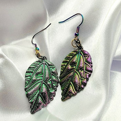 Iridescent Leaves Earring, Women's Rainbow Colored Dangle, Shiny Christmas Pendant, Glamorous Style Charms