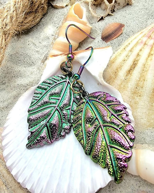 Iridescent Leaves Earring, Women's Rainbow Colored Dangle, Shiny Christmas Pendant, Glamorous Style Charms