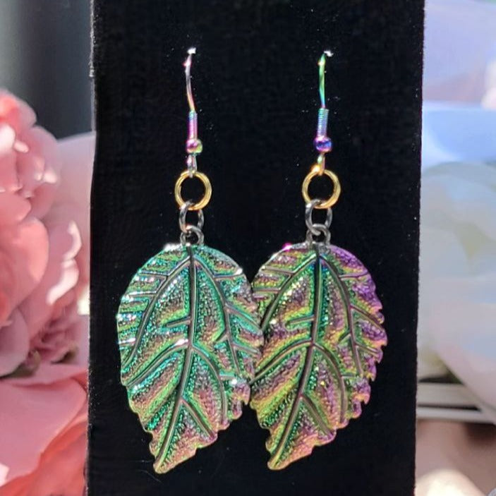 Iridescent Leaves Earring, Women's Rainbow Colored Dangle, Shiny Christmas Pendant, Glamorous Style Charms