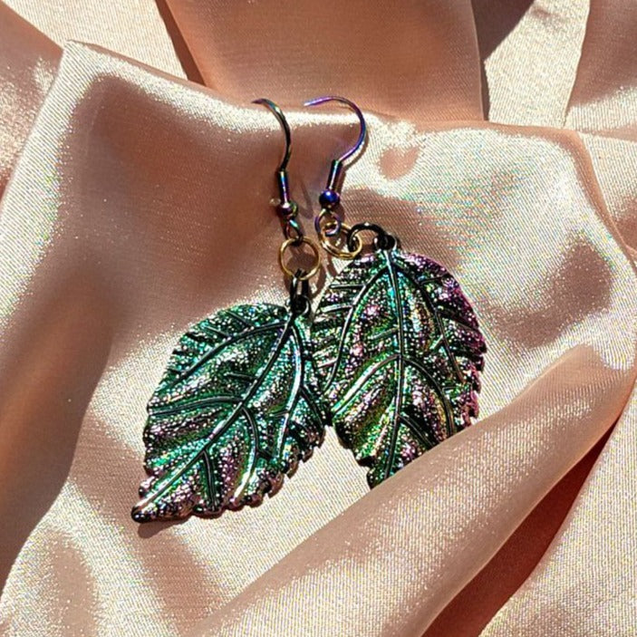 Iridescent Leaves Earring, Women's Rainbow Colored Dangle, Shiny Christmas Pendant, Glamorous Style Charms