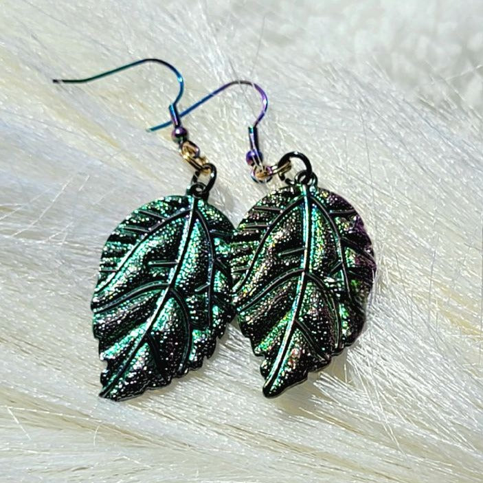 Iridescent Leaves Earring, Women's Rainbow Colored Dangle, Shiny Christmas Pendant, Glamorous Style Charms