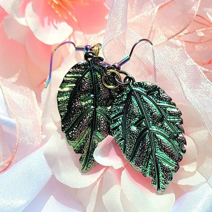 Iridescent Leaves Earring, Women's Rainbow Colored Dangle, Shiny Christmas Pendant, Glamorous Style Charms