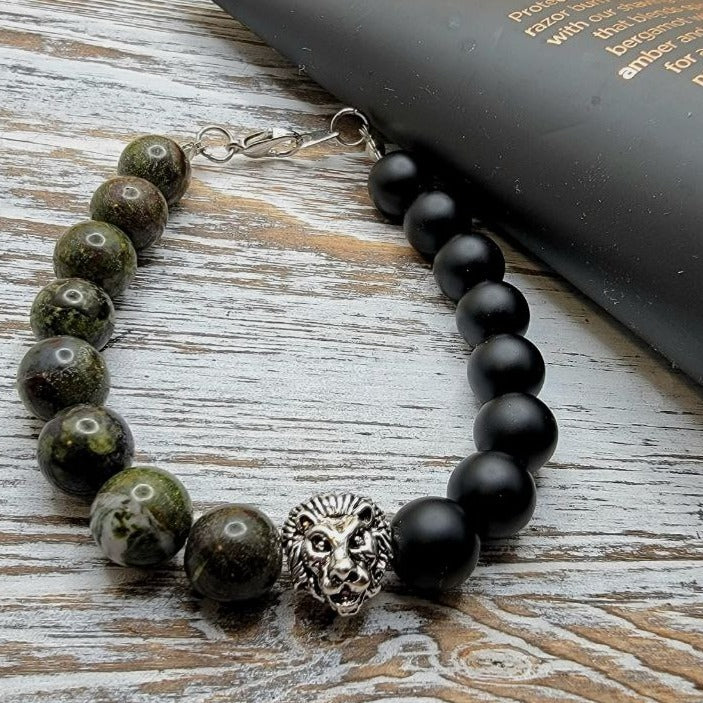 Regal Lion Head Beaded Bracelet, Symbol of Strength for Him