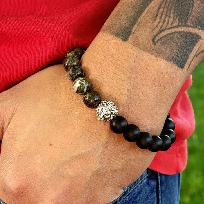 Regal Lion Head Beaded Bracelet, Symbol of Strength for Him