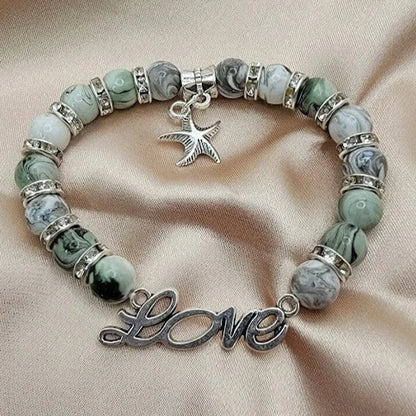 Bracelet w/ Engraved Love Design, Starfish Charm Ocean-Inspired Bracelet