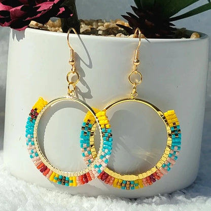 Intricately Woven Seed Bead Hoop Earring, Vibrant Bohemian Dangle, Perfect Accessory for Beach Parties & Carnivals