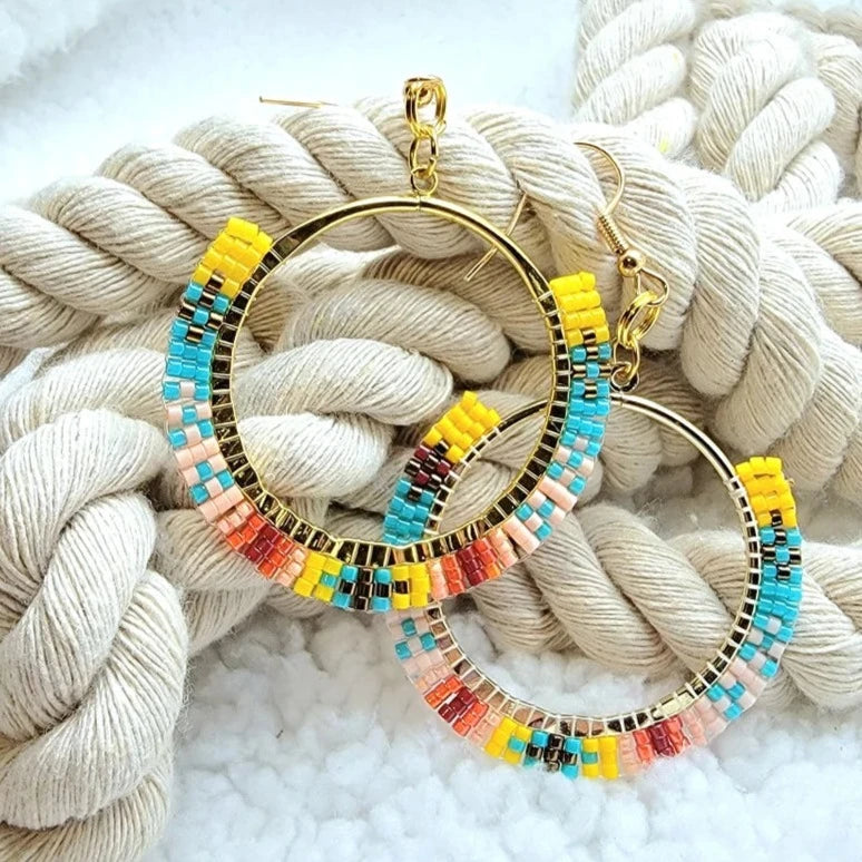 Intricately Woven Seed Bead Hoop Earring, Vibrant Bohemian Dangle, Perfect Accessory for Beach Parties & Carnivals